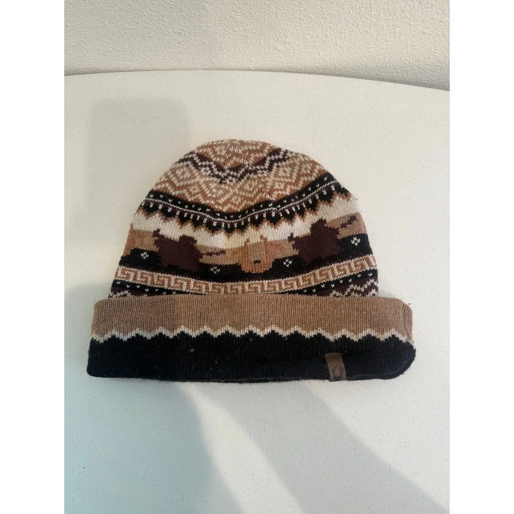 True Religion Fair Isle Knit Beanie Brown Tan Black Lambswool Cashmere Blend Hat